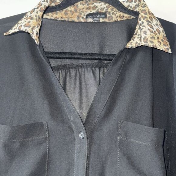 Zenobia Black Button-Up Shirt With Leopard Print Collar & Cuffs Womens XXL - Picture 3 of 8
